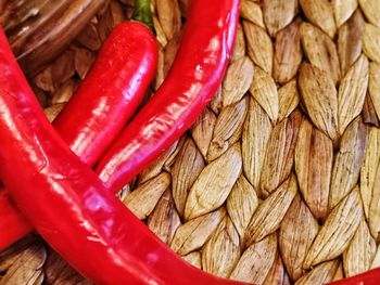 High angle view of chili peppers in container