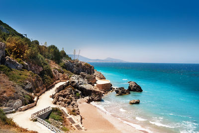 Scenic view of sea against blue sky