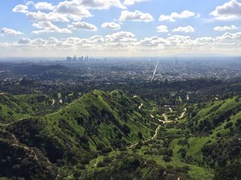 High angle view of landscape against cloudy sky