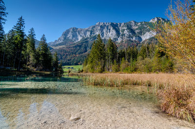 Scenic view of lake and mountains against clear blue sky