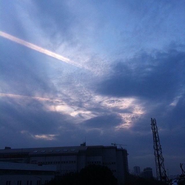 sky, built structure, architecture, cloud - sky, low angle view, building exterior, silhouette, cloud, blue, cloudy, sunset, city, sunlight, nature, outdoors, dusk, no people, beauty in nature, building, day