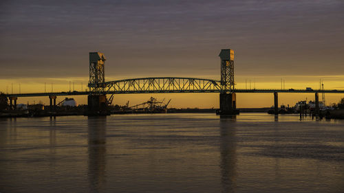 Silhouette of bridge over river during sunset