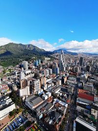 High angle view of buildings in city against sky