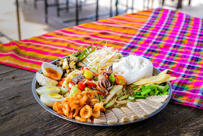 High angle view of food served on table