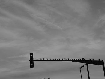 Low angle view of birds perching on road signal against sky