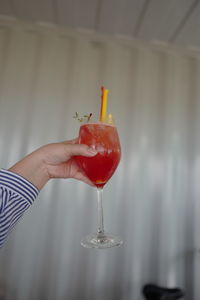 Close-up of hand holding strawberry