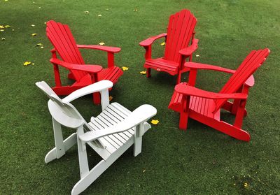 Empty chairs and tables on table