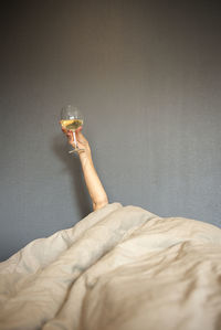 A woman's hand holding a glass of wine raised in the air above the bed