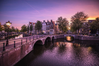 Bridge over river in city against sky during sunset