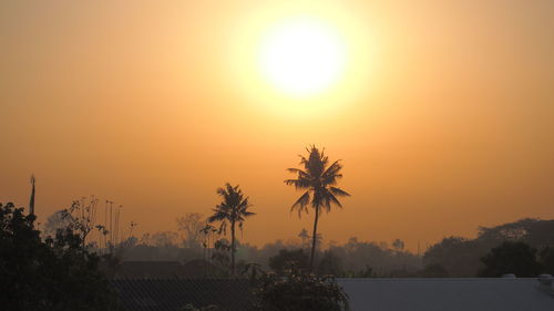 Silhouette palm trees against romantic sky at sunset