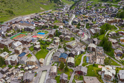 High angle view of buildings in town