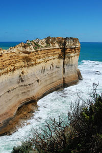 Rock formations by sea against clear blue sky