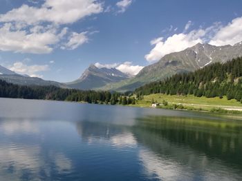 Scenic view of lake and mountains against sky