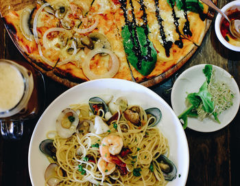 Directly above shot of food served on table