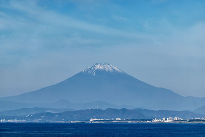 Scenic view of sea and mountains against sky