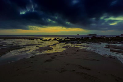 Scenic view of beach against sky during sunset