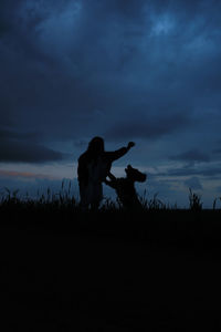 Side view of silhouettes of woman playing with big dog on grass with cloudy beautiful sky on background at dusk