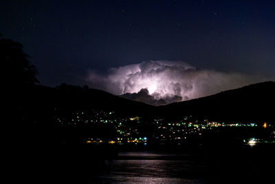 Scenic view of illuminated mountains against sky at night