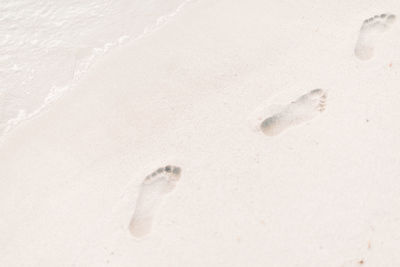 High angle view of footprints on sand at beach