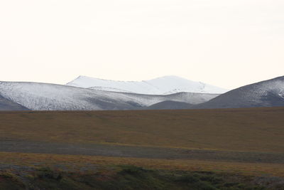 Scenic view of snowcapped mountains against clear sky