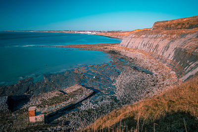 Aerial view of sea against clear blue sky