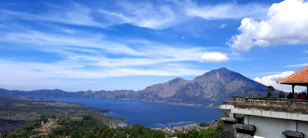 Panoramic view of buildings and mountains against sky