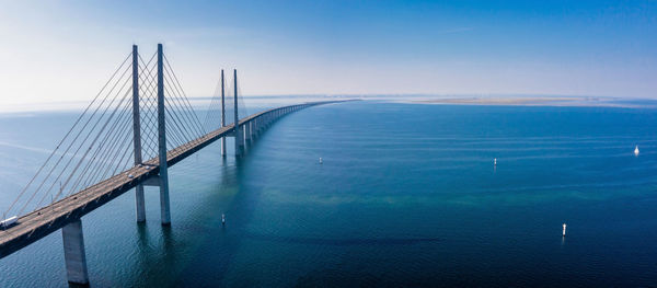 Panoramic view of oresund bridge during sunset over the baltic sea