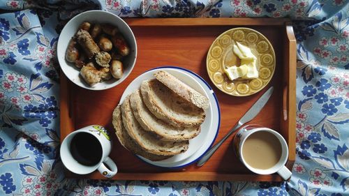 High angle view of breakfast on table