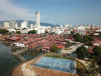 High angle view of buildings in city