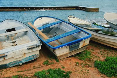 High angle view of boats moored in lake