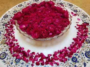 High angle view of dessert in plate on table