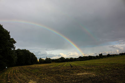 Rainbow over grassy field against cloudy sky