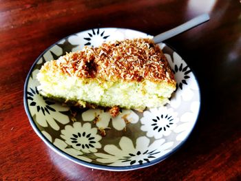 High angle view of dessert in plate on table