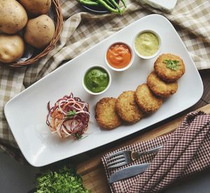 High angle view of food in plate on table