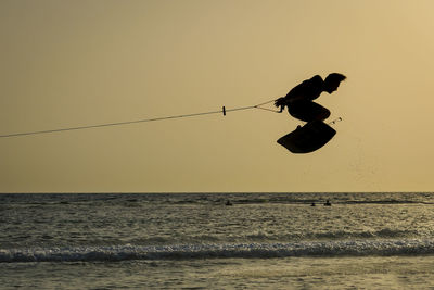 Silhouette of birds flying over sea against clear sky