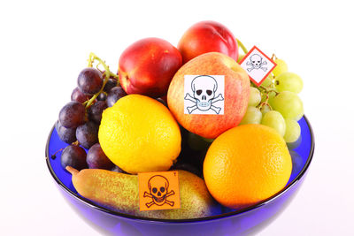 Close-up of fruits in plate against white background