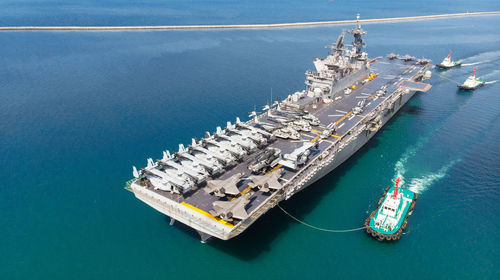 High angle view of boats in sea