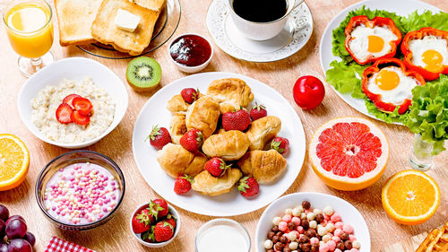 High angle view of breakfast on table