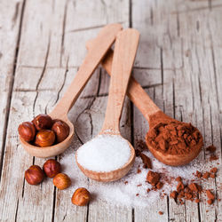 High angle view of food on wooden table