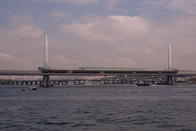 Bridge over river against cloudy sky