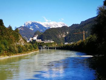 Scenic view of lake against blue sky