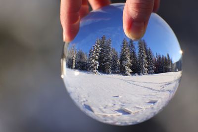 Close-up of cropped hand holding crystal ball with reflection during winter