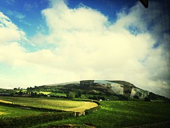 Scenic view of grassy field against sky