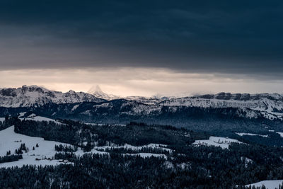 Scenic view of snowcapped mountains against sky during winter