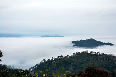 Scenic view of sea and mountains against sky