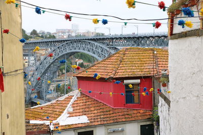 Bridge over river and buildings against sky