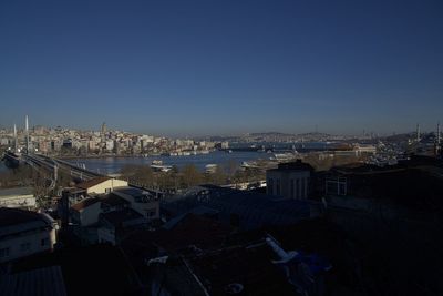 High angle view of city against blue sky