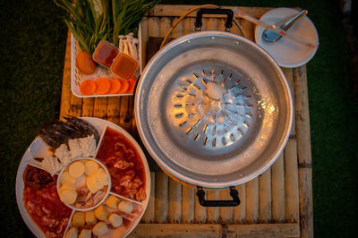 High angle view of breakfast on table