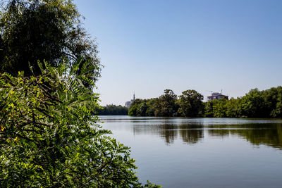 Scenic view of lake against clear sky