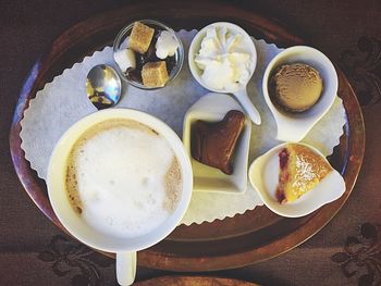 High angle view of breakfast on table